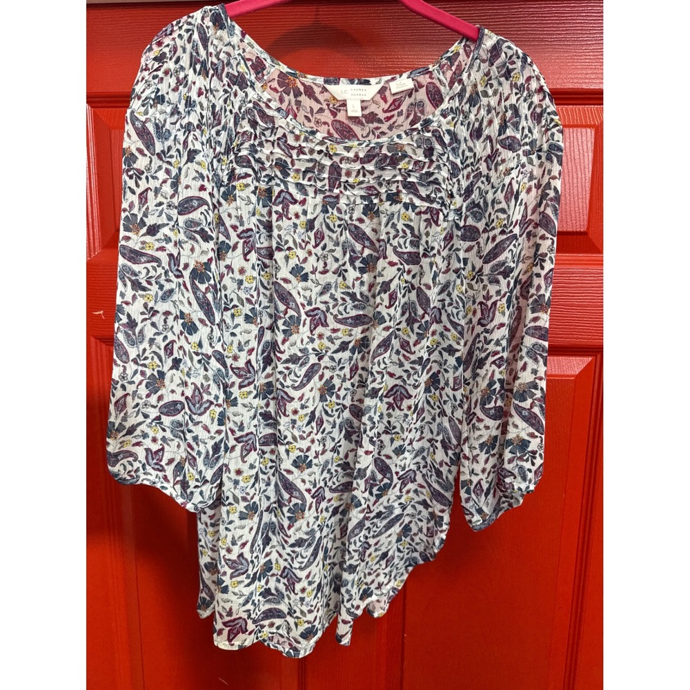 LC Lauren Conrad Floral Paisley Pleated Blouse Purple Cream Large 3/4 Sleeve